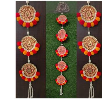 handmade pearl anguri moti patra hanging with red and yellow pom-pom toran pack of 2 1