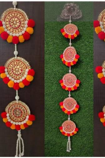handmade pearl anguri moti patra hanging with red and yellow pom-pom toran pack of 2