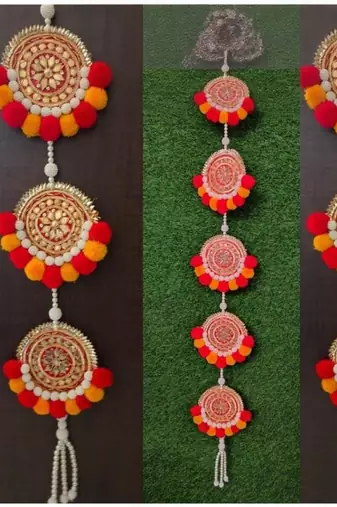 handmade pearl anguri moti patra hanging with red and yellow pom-pom toran pack of 2