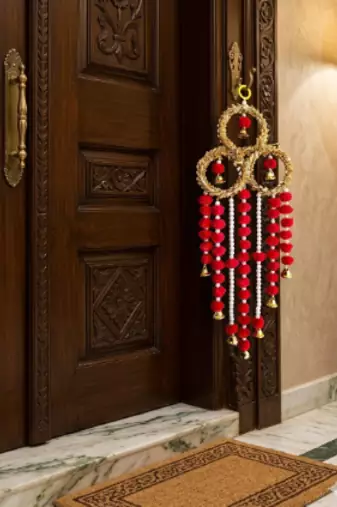 handmade lace chudi metal bell pom-pom hanging decoration for home decor pack of 2