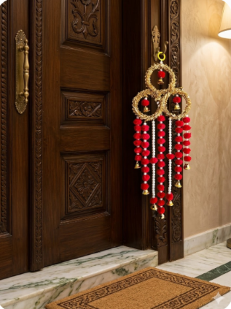 handmade lace chudi metal bell pom-pom hanging decoration for home decor pack of 2