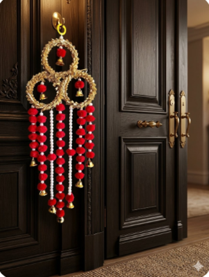 handmade lace chudi metal bell pom-pom hanging decoration for home decor pack of 2 4