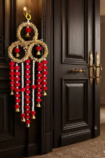 handmade lace chudi metal bell pom-pom hanging decoration for home decor pack of 2