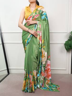 women printed satin silk blend floral saree with banglory blouse 1