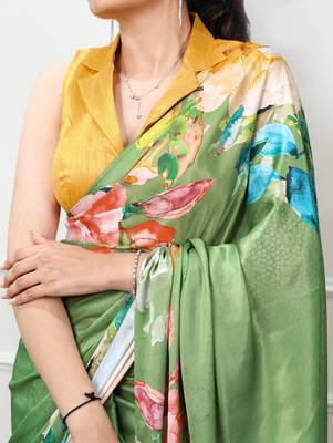 women printed satin silk blend floral saree with banglory blouse 2