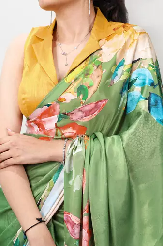 women printed satin silk blend floral saree with banglory blouse