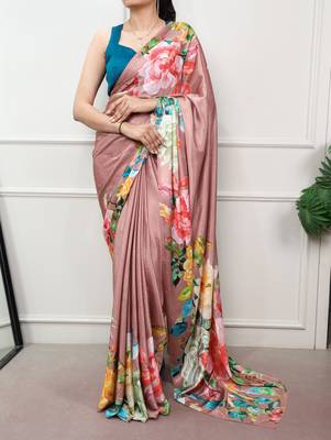 women printed satin silk blend floral saree with banglory blouse 1