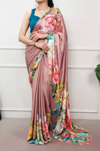 women printed satin silk blend floral saree with banglory blouse
