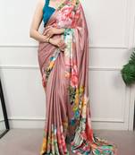 women printed satin silk blend floral saree with banglory blouse