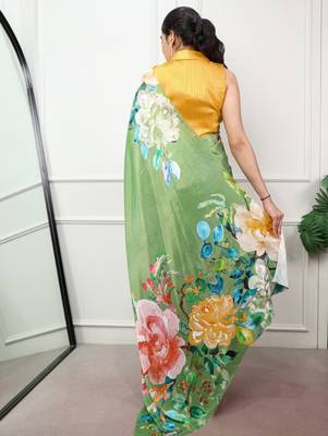 women printed satin silk blend floral saree with banglory blouse 3