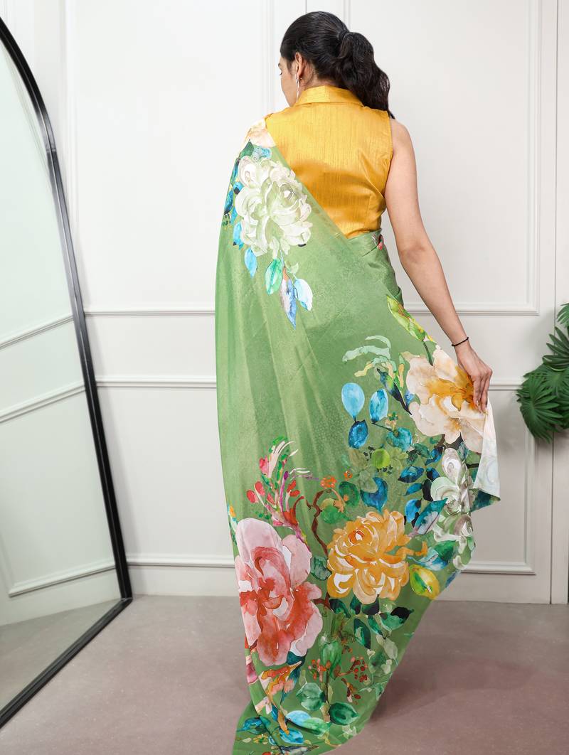 women printed satin silk blend floral saree with banglory blouse