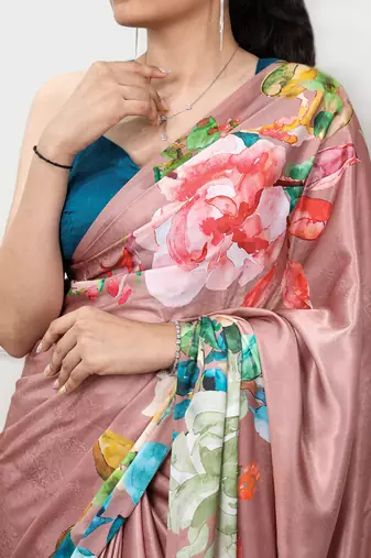 women printed satin silk blend floral saree with banglory blouse