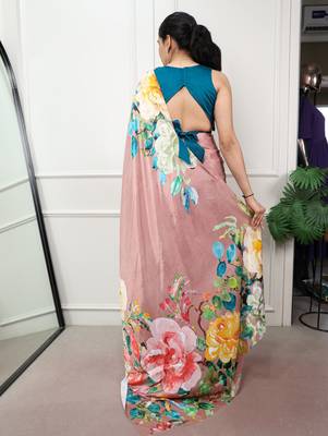 women printed satin silk blend floral saree with banglory blouse 3