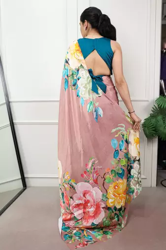 women printed satin silk blend floral saree with banglory blouse