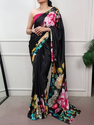 women printed satin silk blend floral saree with banglory blouse 1