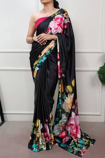 women printed satin silk blend floral saree with banglory blouse