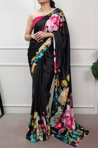 women printed satin silk blend floral saree with banglory blouse