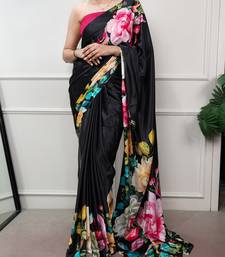 women printed satin silk blend floral saree with banglory blouse