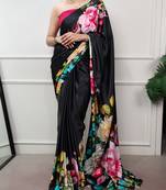 women printed satin silk blend floral saree with banglory blouse