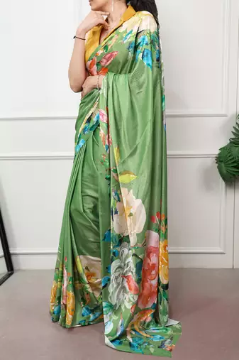 women printed satin silk blend floral saree with banglory blouse