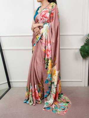 women printed satin silk blend floral saree with banglory blouse 4