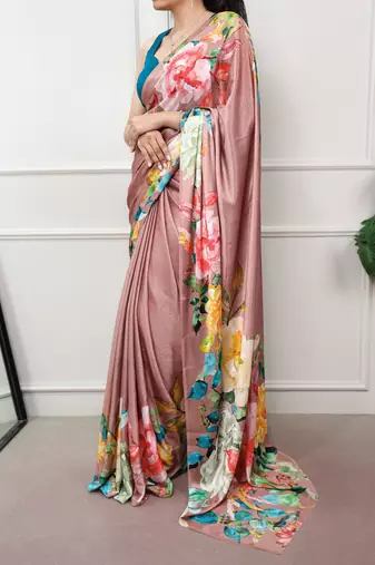 women printed satin silk blend floral saree with banglory blouse