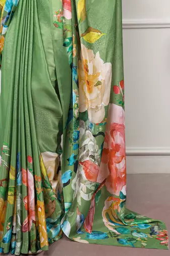 women printed satin silk blend floral saree with banglory blouse