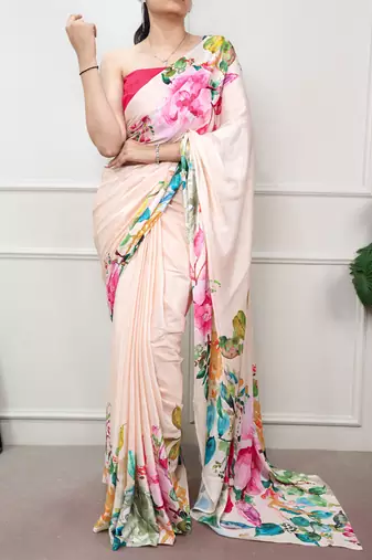 women printed satin silk blend floral saree with banglory blouse