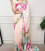 women printed satin silk blend floral saree with banglory blouse