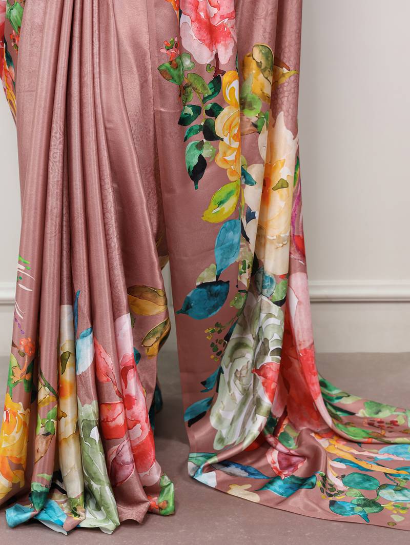 women printed satin silk blend floral saree with banglory blouse