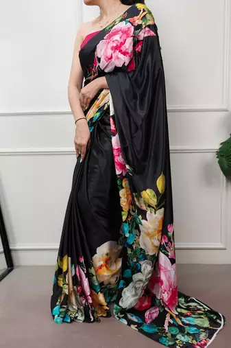 women printed satin silk blend floral saree with banglory blouse