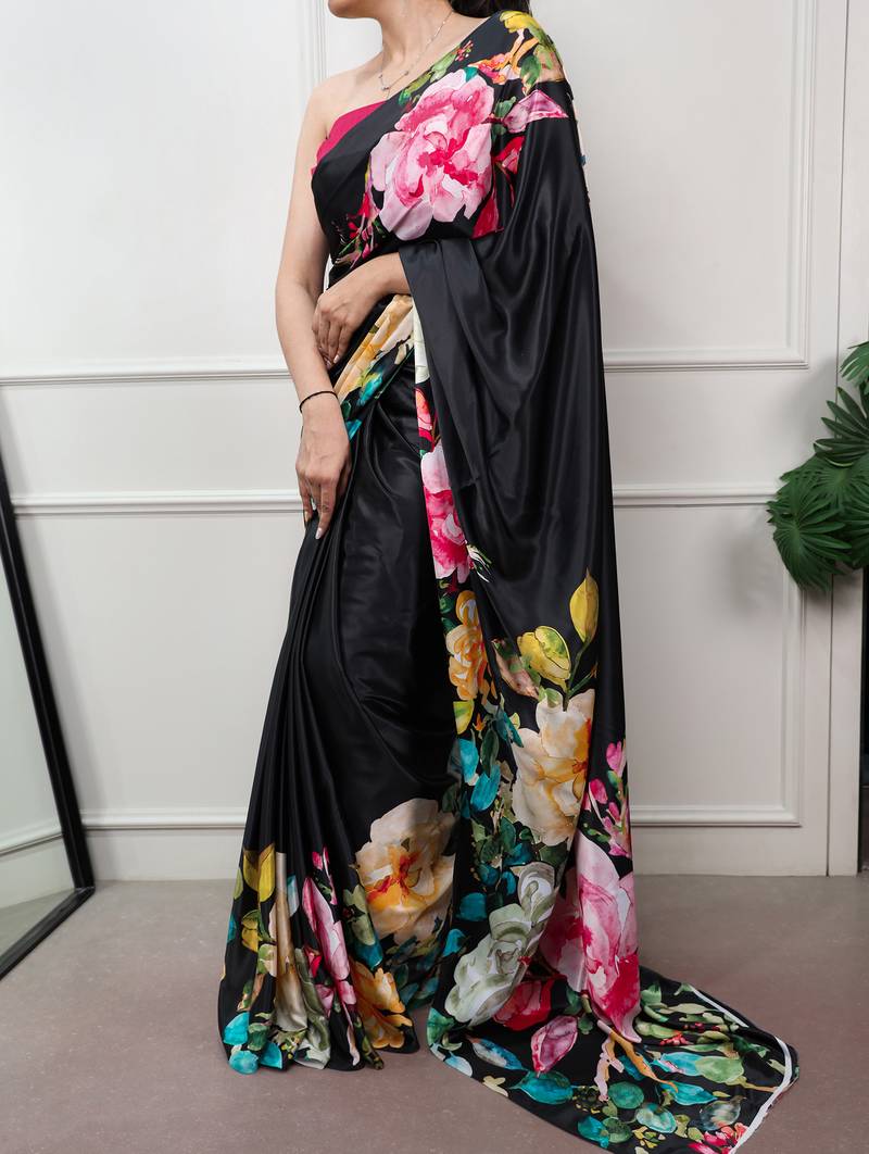 women printed satin silk blend floral saree with banglory blouse