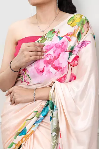 women printed satin silk blend floral saree with banglory blouse