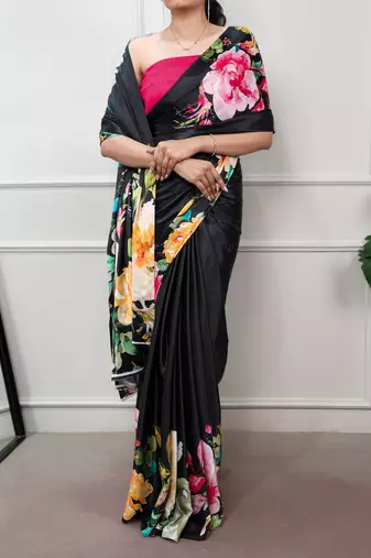 women printed satin silk blend floral saree with banglory blouse