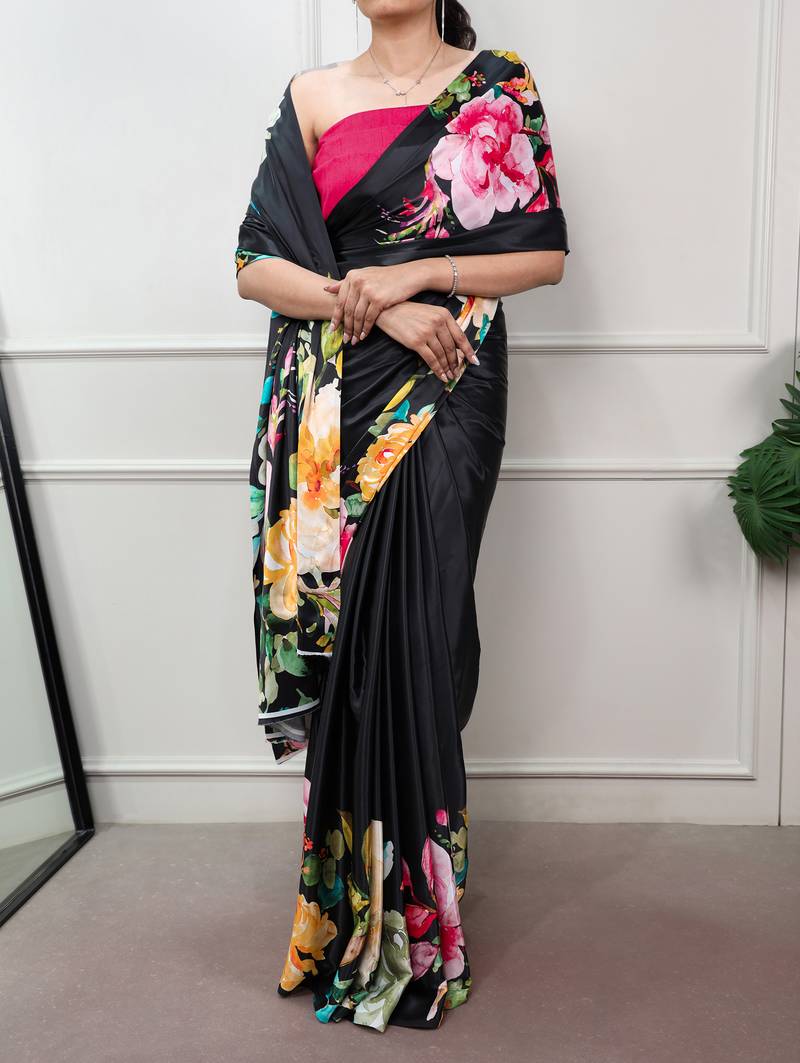 women printed satin silk blend floral saree with banglory blouse