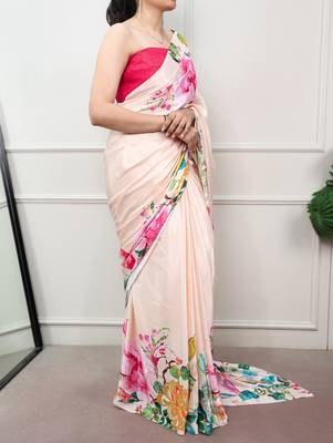 women printed satin silk blend floral saree with banglory blouse 3