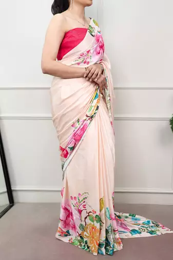 women printed satin silk blend floral saree with banglory blouse