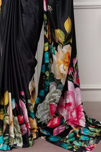 women printed satin silk blend floral saree with banglory blouse