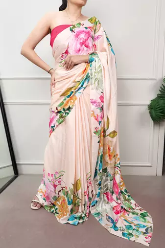 women printed satin silk blend floral saree with banglory blouse