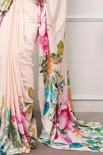 women printed satin silk blend floral saree with banglory blouse