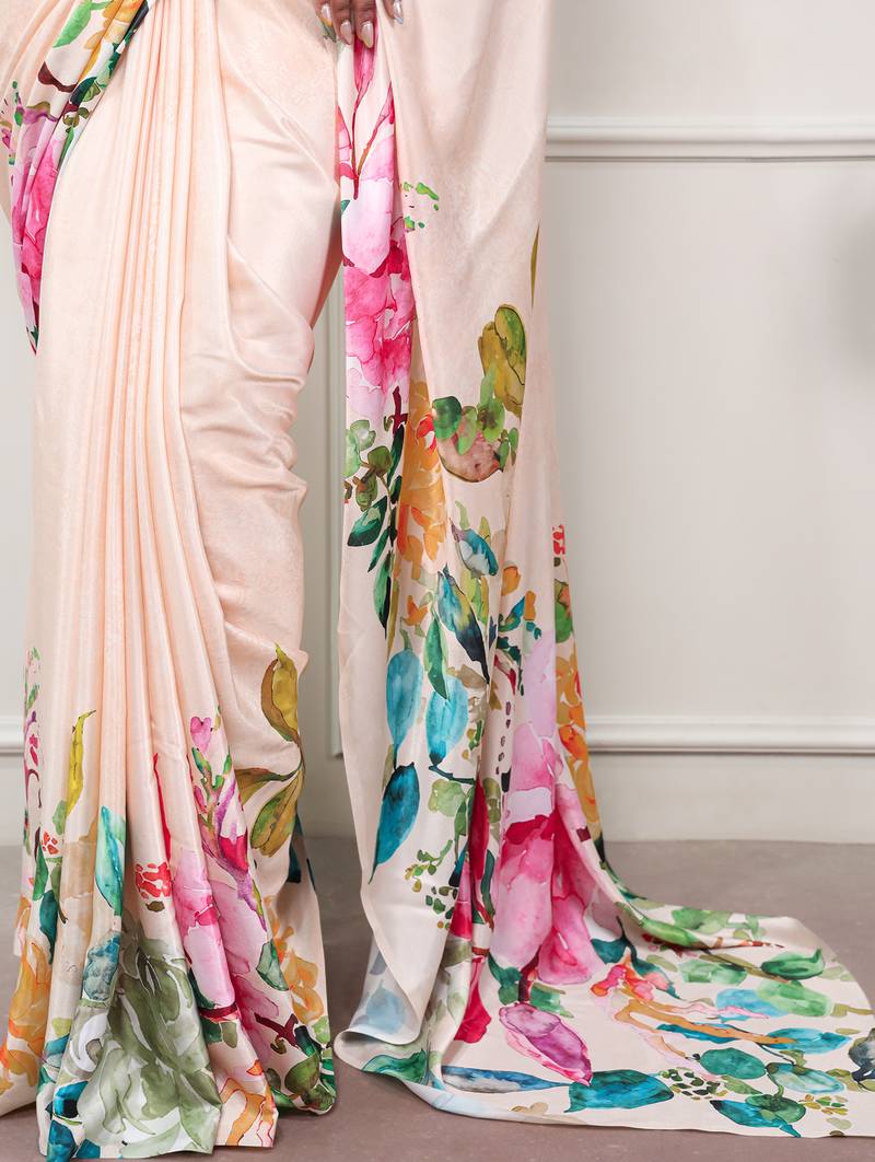 women printed satin silk blend floral saree with banglory blouse