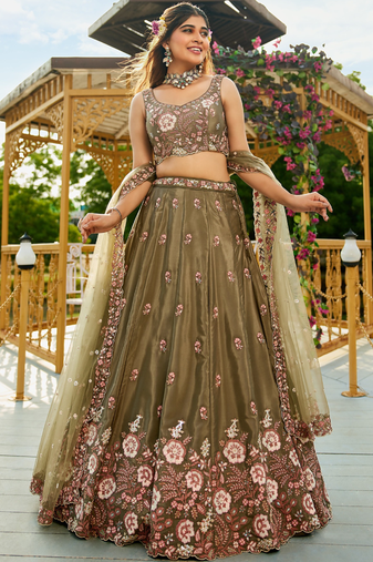 Captivating Mahendi Green Dori, Zari and Sequins Embroidered Star France Crepe Indian Designer Wedding lehenga choli