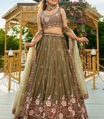 Captivating Mahendi Green Dori, Zari and Sequins Embroidered Star France Crepe Indian Designer Wedding lehenga choli