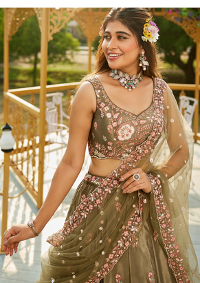 Captivating Mahendi Green Dori, Zari and Sequins Embroidered Star France Crepe Indian Designer Wedding lehenga choli 2