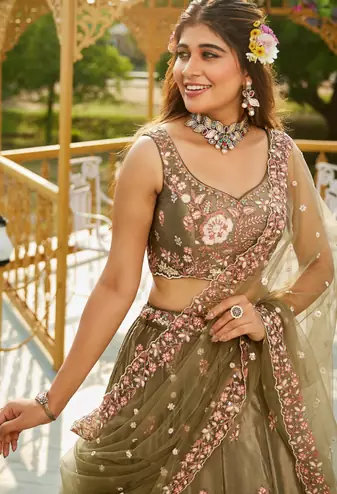 Captivating Mahendi Green Dori, Zari and Sequins Embroidered Star France Crepe Indian Designer Wedding lehenga choli