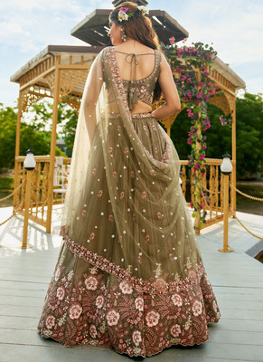 Captivating Mahendi Green Dori, Zari and Sequins Embroidered Star France Crepe Indian Designer Wedding lehenga choli 3