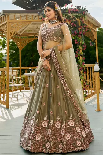 Captivating Mahendi Green Dori, Zari and Sequins Embroidered Star France Crepe Indian Designer Wedding lehenga choli