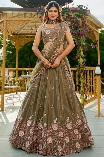Captivating Mahendi Green Dori, Zari and Sequins Embroidered Star France Crepe Indian Designer Wedding lehenga choli