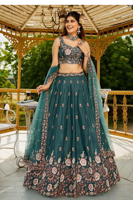 Captivating Sea Green Dori, Zari and Sequins Embroidered Star France Crepe Indian Designer Wedding lehenga choli 1