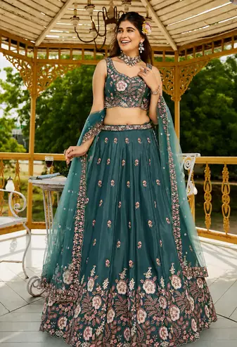 Captivating Sea Green Dori, Zari and Sequins Embroidered Star France Crepe Indian Designer Wedding lehenga choli